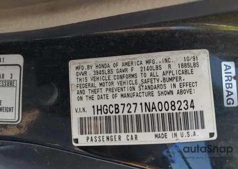 1992 Honda Accord Ex from USA, damaged, VIN 1HGCB7271NA008234